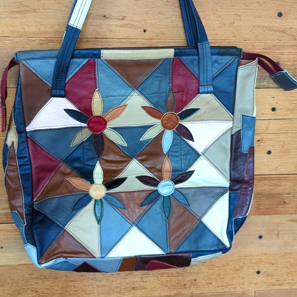 Vintage Retro 60s 70s Patchwork Leather Hippie Bohemian Shoulder Bag Tote Purse - Picture 4 of 8